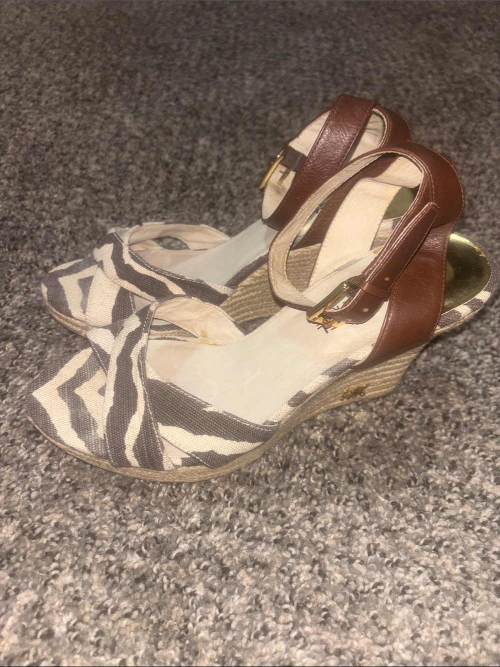 MICHAEL Michael Kors Brown & Cream Patterned Canvas Wedge Sandals